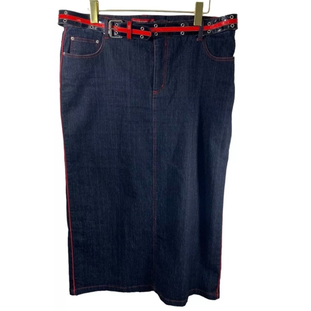 Goddess Trend Denim Maxi Skirt Women 18 Dark Wash‎ Stretch Belt Western Festival